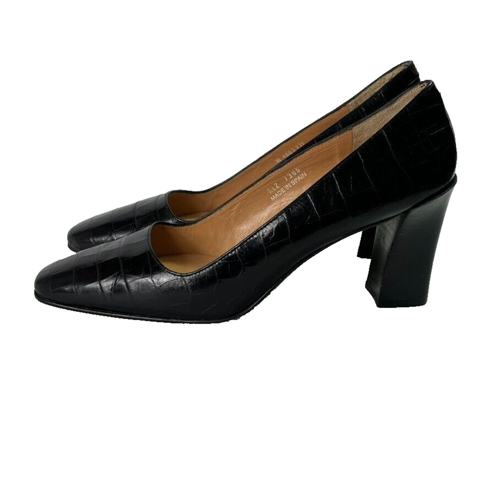 Ralph Lauren Pumps Womens 7AA Black Croc Print High Heel Square Toe Spain Made